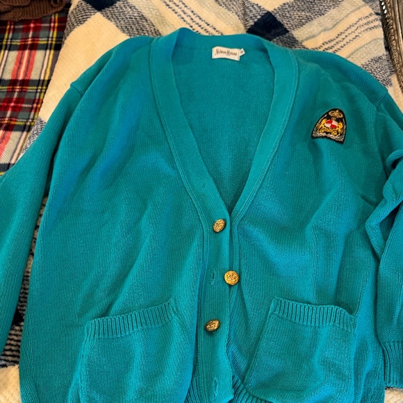 Neiman Marcus Wool Cardigan with Crested Patch & Gold Buttons – Teal MSRP ~$325